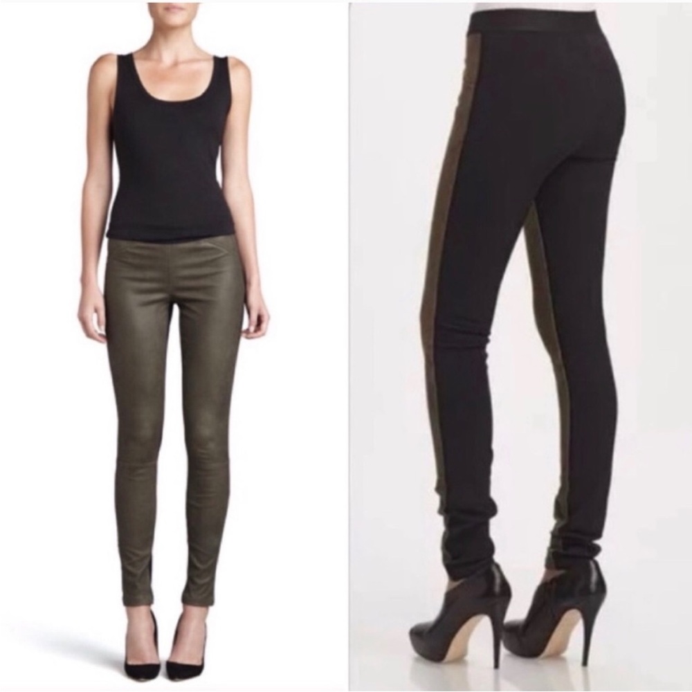 Theory Cullen Lamb Leather Suede Stretch Panel Pull On Pant Leggings Olive